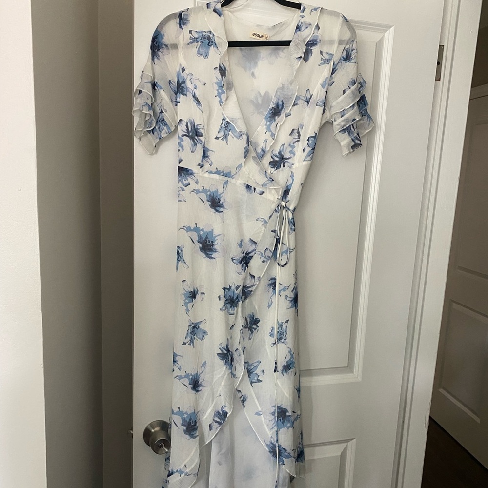 Blue and white floral wrap dress